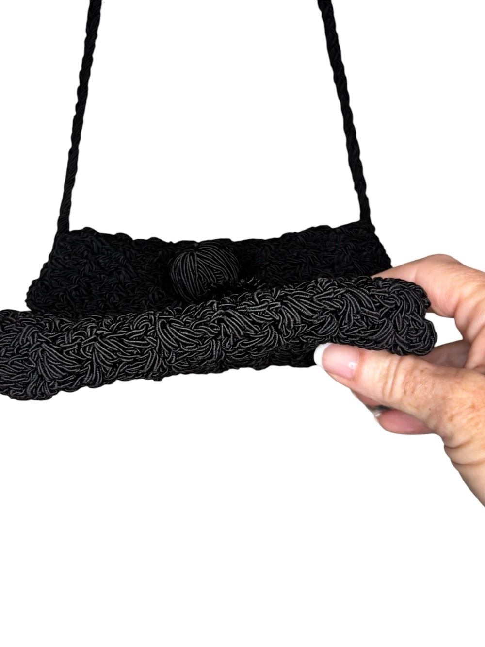 Vintage Black Handwoven Macramé Crossbody Bag Boho Tassel Purse - Picture 7 of 9
